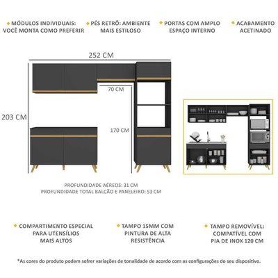 Cozinha Compacta 4pçs+Armário E Balcão Mp3749 Preta