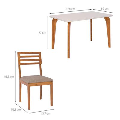 Conjunto de Mesa Retangular com Tampo de Vidro Off White Papaia e 4 Cadeiras Juparanã Linho Bege e Cinamomo
