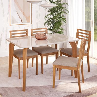 Conjunto de Mesa Retangular com Tampo de Vidro Off White Papaia e 4 Cadeiras Juparanã Linho Bege e Cinamomo