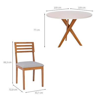 Conjunto de Mesa Redonda com Tampo de Vidro Off White Cacau e 4 Cadeiras Juparanã Linho Bege e Cinamomo