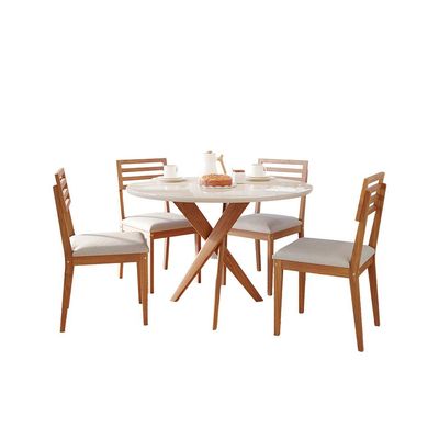 Conjunto de Mesa Redonda com Tampo de Vidro Off White Cacau e 4 Cadeiras Juparanã Linho Bege e Cinamomo
