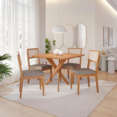 Conjunto de Mesa Quadrada com Tampo MDF Cacau e 4 Cadeiras Encanto Linho Bege e Cinamomo