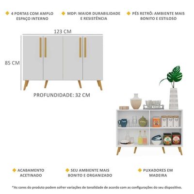 Aparador Buffet 4 Portas Retrô Viena V3606 Branco/Natural