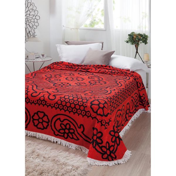 Colcha Casal Chenille Canelada Bruna Vermelho/Preto Jolitex