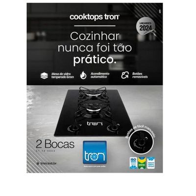 Cooktop Tron 2 Bocas Gás GLP Mesa De Vidro Preto Bivolt