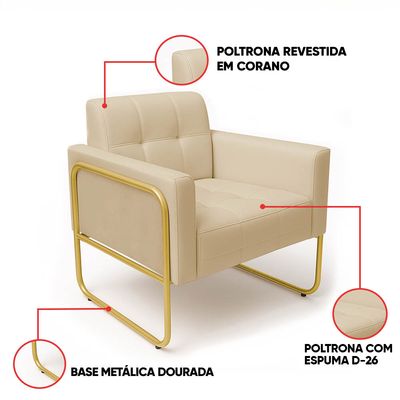 Poltrona Sala Decorativa Kit 2 Elisa Base Tubular Alta Dourada Sintético PU Bege D03 - D'Rossi
