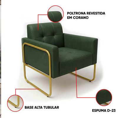 Poltrona Sala Decorativa Elisa Base Tubular Alta Dourada Sintético PU Verde D03 - D'Rossi