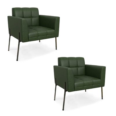 Poltrona Sala Decorativa Kit 2 Elisa Pé Aço Lateral Preto Sintético PU Verde D03 - D'Rossi