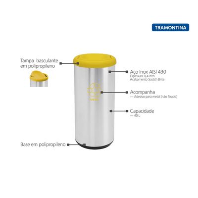 Lixeira Inox Tramontina Cápsula Selecta Plus Basculante com Acabamento Scotch Brite e Tampa Basculante Amarela em Polipr