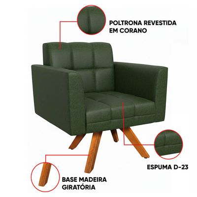 Poltrona Sala Decorativa Kit 2 Elisa Giratória Castanho MM30 Sintético PU Verde D03 - D'Rossi