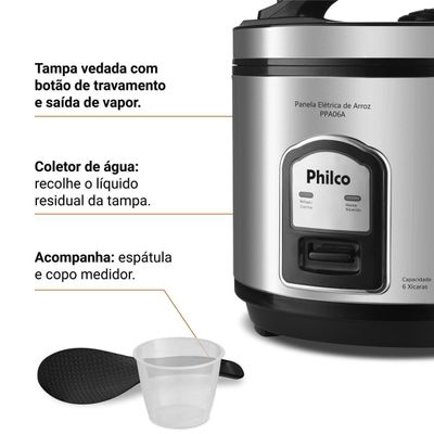 Panela de Arroz Elétrica Philco 6 Xícaras Inox 400W PPA06A 220V