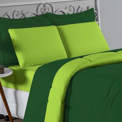 Kit Edredom Dupla Face + Jogo De Lençol Solteiro Nobre 4 Peças Malha 100% Algodão - Verde-bandeira / Pistache