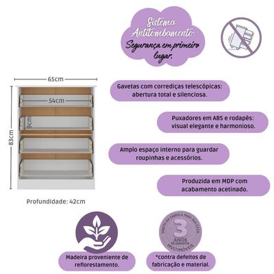 Cômoda Infantil 65cm Com 4 Gavetas Encanto Multimóveis Mp4427 Branco/madeirado Branco/madeirado