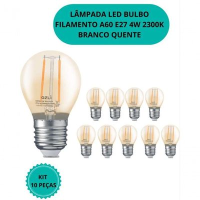 Kit C/ 10 Lâmpadas Led Filamento 4w A60 2300k E27 Bivolt Decorativa