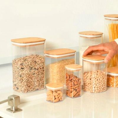 Conjunto De Potes Herméticos Retangular Keep 3 Peças Transparente Com Tampa De Bambu Ou