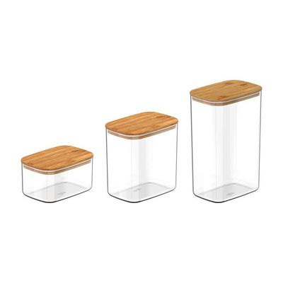 Conjunto De Potes Herméticos Retangular Keep 3 Peças Transparente Com Tampa De Bambu Ou