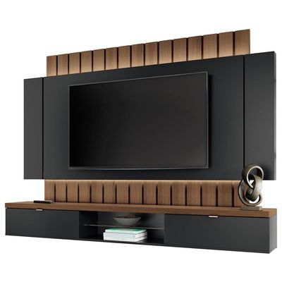 Painel Para TV 70 Pol Ripado com Bancada Suspensa Luzzi B01 Preto Castanho - Lyam Decor