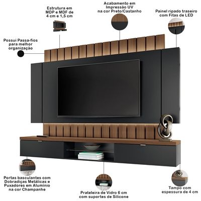 Painel Para TV 70 Pol Ripado com Bancada Suspensa Luzzi B01 Preto Castanho - Lyam Decor