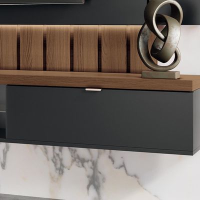 Painel Para TV 70 Pol Ripado com Bancada Suspensa Luzzi B01 Preto Castanho - Lyam Decor