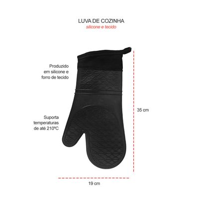 Luva de Cozinha Churrasco Silicone Preto e Forro Tecido