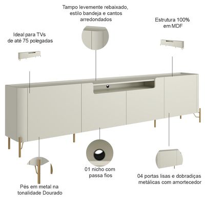 Rack Para Sala de Estar TV 75 Pol 4 Portas Pés Industrial Dourado Alef I03 Luna - Lyam Decor