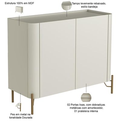 Aparador Buffet Para Sala de Jantar 2 Portas Pés Industrial Dourado Naim I03 Luna - Lyam Decor