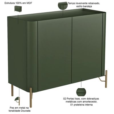 Aparador Buffet Para Sala de Jantar 2 Portas Pés Industrial Dourado Naim I03 Musgo - Lyam Decor