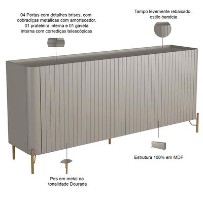 Buffet Sala de Jantar 4 Portas Brise 1 Gaveta Pés Industrial Dourado Naim I03 Grigio - Lyam