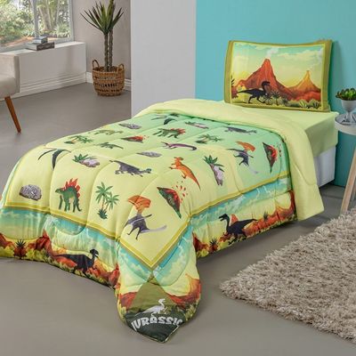 Kit Edredom + Lençol Plush Fofinho Infantil Dupla Face Dream 3 Peças Solteiro - Dinossauro
