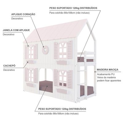 Beliche Montessoriano Casinha Bela Com Coração 4 Janelas Venezianas - Madeira Maciça Branco/rosa | Housin
