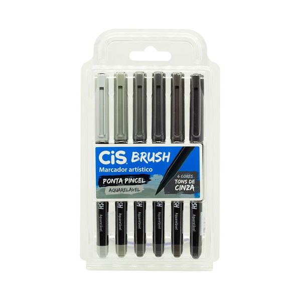 Marcador Artístico Cis Brush Ponta Pincel 6 Cores em Tons Cinza