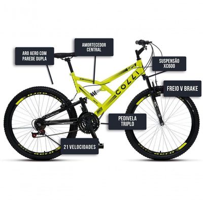 Bicicleta Gps 148 Dupla Suspensão E Freios V-brake, Aro 26 Aero, 36 Raias, 21 Marchas Colli Amarelo Neon