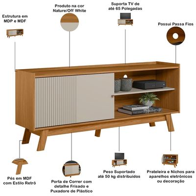Rack Para Sala de Estar TV 65 Pol Pés Retrô Suna L05 Nature  Off White - Lyam Decor
