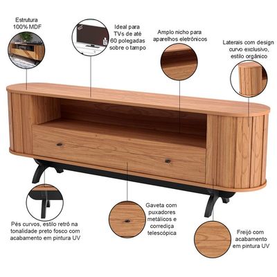 Rack Para Sala de Estar TV 60 Pol Orgânico 180cm Penina D03 Freijó Preto Fosco - Lyam Decor