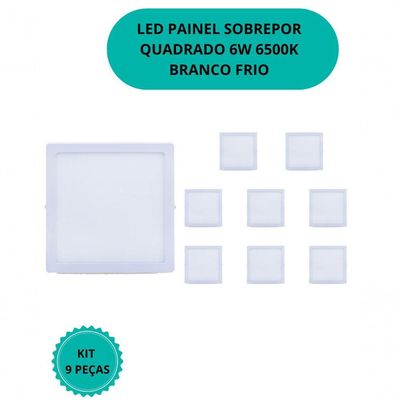Plafon Led Sobrepor 6w Quadrado 6500k Branco Frio Bivolt - Kit Com 9 Un.