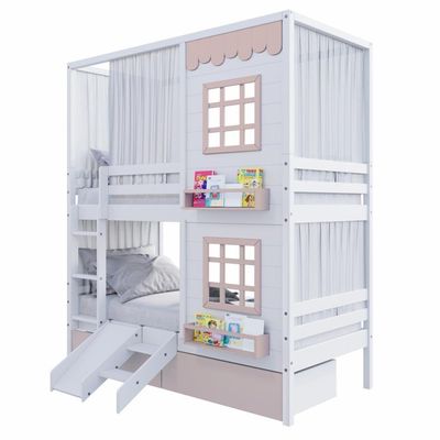 Beliche Casinha Reta 02 Janelas 02 Gavetas Rosa Cortina E Escorregador Madeira Maciça Branco/ Rosa Housin