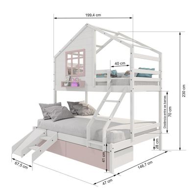 Beliche Casinha Com Janela Casal/solteiro 02 Gavetas Rosa E Kit Escada/escorregador Madeira Maciça Branco/ Rosa Housin