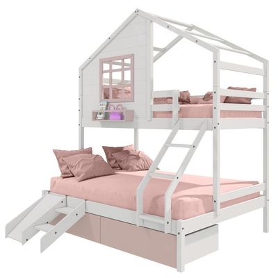 Beliche Casinha Com Janela Casal/solteiro 02 Gavetas Rosa E Kit Escada/escorregador Madeira Maciça Branco/ Rosa Housin