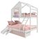 Beliche Casinha Com Janela Casal/solteiro 02 Gavetas Rosa E Kit Escada/escorregador Madeira Maciça Branco/ Rosa Housin