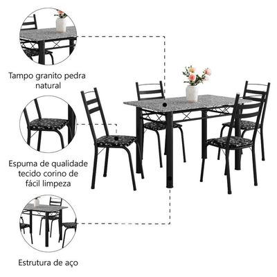 Conjunto De Mesa Itália Com 4 Cadeiras 1,20m Preto / Floral Granito Artefamol Preto Fosc