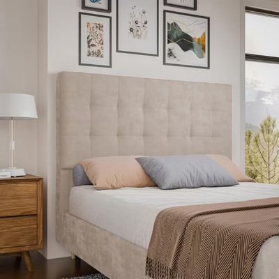 Cabeceira para Cama Box Casal Dobuê Leon com Revestimento em Veludo e Corino Bege