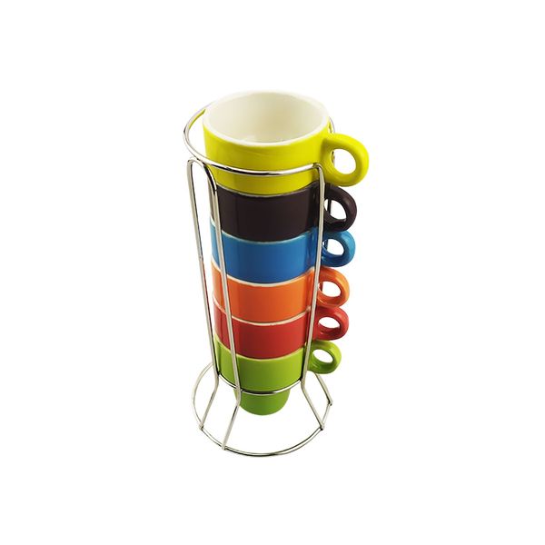 Conjunto 6 Xícaras p/ Chá e Café 50ML Empilhável Colorida Com Suporte em Metal Torre de Canecas