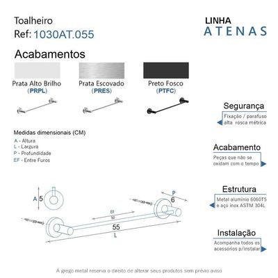 Porta Toalha Toalheiro Para Banheiro Alto Brilho Atenas 55cm