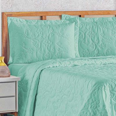 Kit Cobre Leito Colcha Celeste Queen 3 Peças Matelado Floral 180 Fios - Verde Tiffany