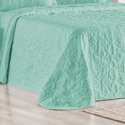 Kit Cobre Leito Colcha Celeste Queen 3 Peças Matelado Floral 180 Fios - Verde Tiffany