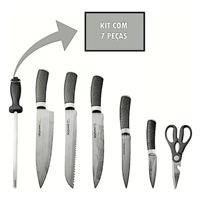 Jogo de Facas Inox Cabo Ergonômico Texturizado 7 Peças e Suporte Giratório Linha Premium