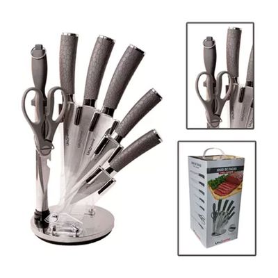 Jogo de Facas Inox Cabo Ergonômico Texturizado 7 Peças e Suporte Giratório Linha Premium