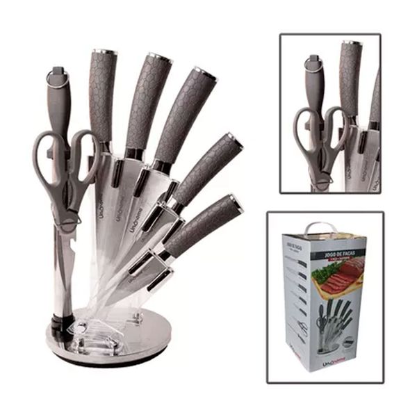 Jogo de Facas Inox Cabo Ergonômico Texturizado 7 Peças e Suporte Giratório Linha Premium