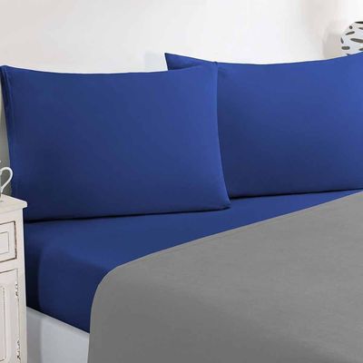 Jogo De Cama Malha Lençol 100% Algodão Gran Moratta 4 Peças Queen - Cinza/Azul Royal