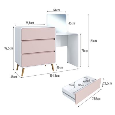 Cômoda Penteadeira 3 Gavetas Curve Branco com Rosa Completa Móveis